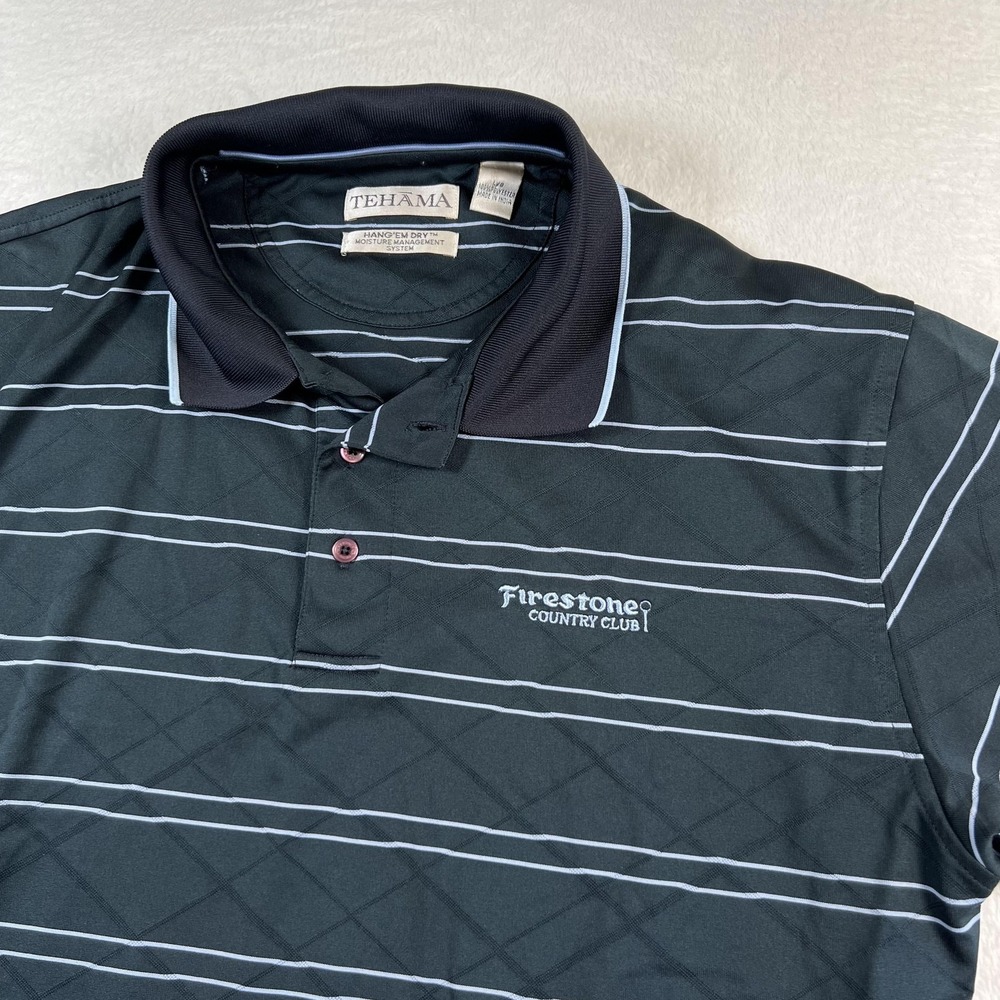 Tehama Mens Green Striped Firestone Country Club Golf Polo Shirt Large L